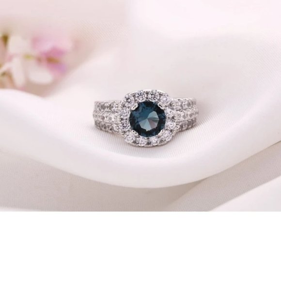 Stunning  2.5ctw Blue Sapphire / Diamond Halo Bridal Ring 925 Sterling Silver - Picture 14 of 16
